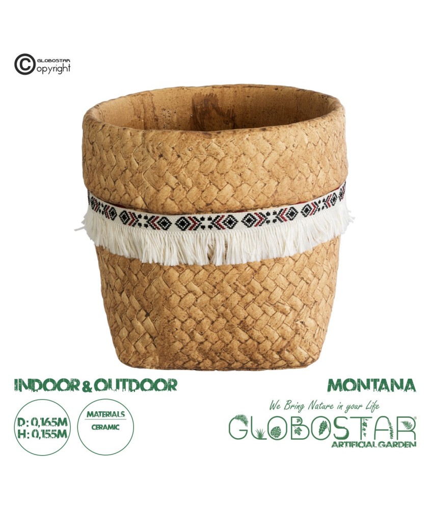 GloboStar® Artificial Garden MONTANA 20504 Διακοσμητικό Κεραμικό Κασπώ Γλάστρα - Flower Pot Καφέ με Λευκή Υφασμάτινη Κορδέλα και Μαύρες - Κόκκινες Λεπτομέρειες Φ16.5 x Υ15.5cm